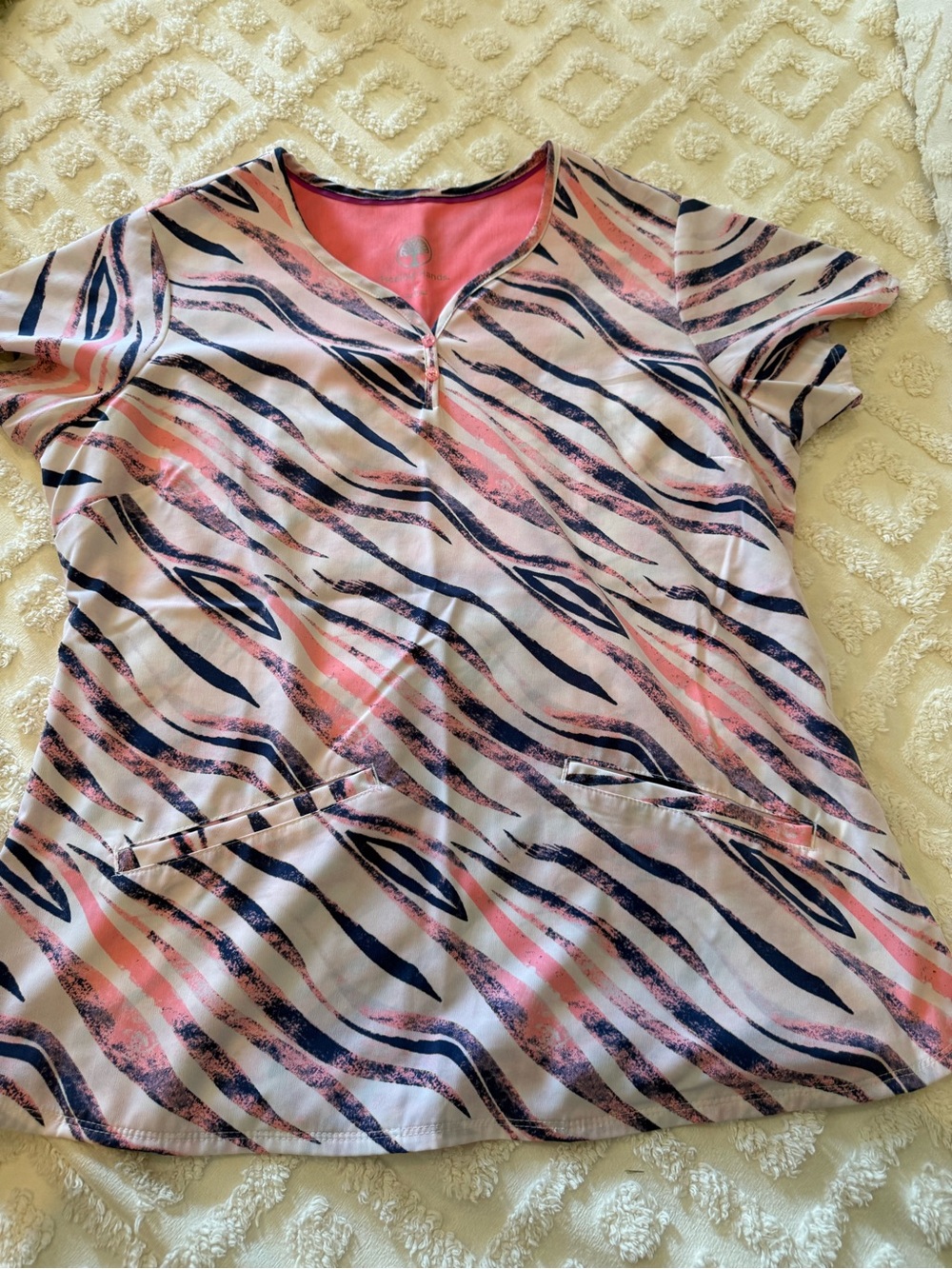 healing hands Pink and Navy Wave-Print Short Sleeve ScrubTop
